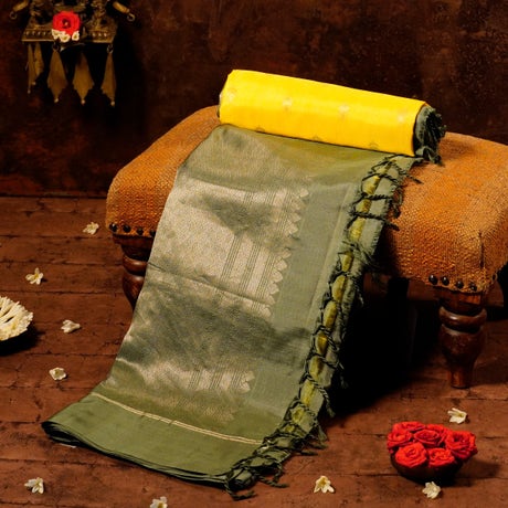 Lemon Yellow and Sage Green Silk Consecrated Saree with  kodi visiri, diamond and geometrical motifs