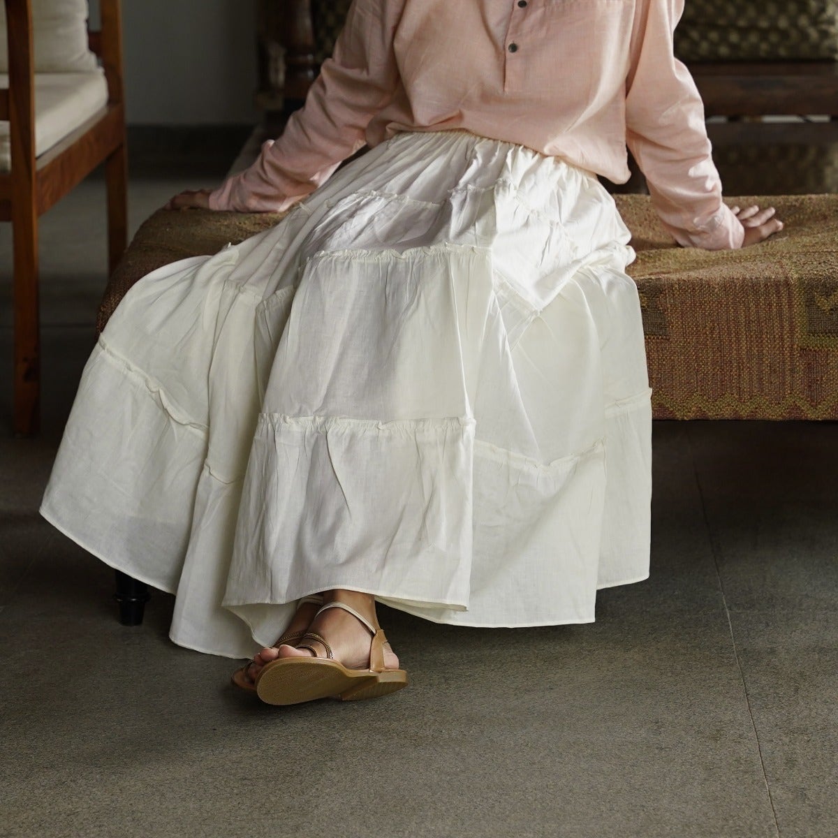 Tiered cotton long skirt - off white