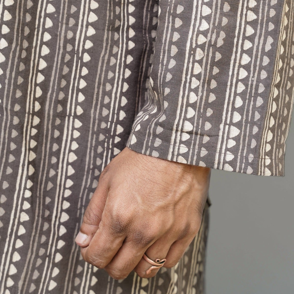 Handblock Printed Long Kurta - Grey & Ecru