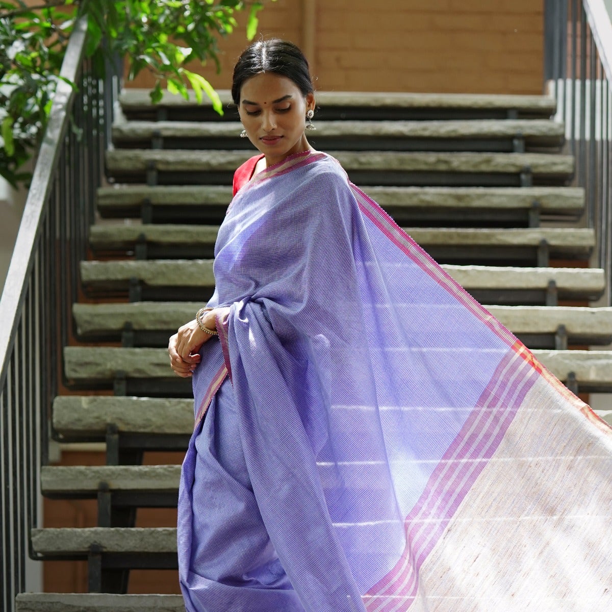 Fine Check Cross Colours Warp and Weft Corporate Design Tussar Saree - Cobalt