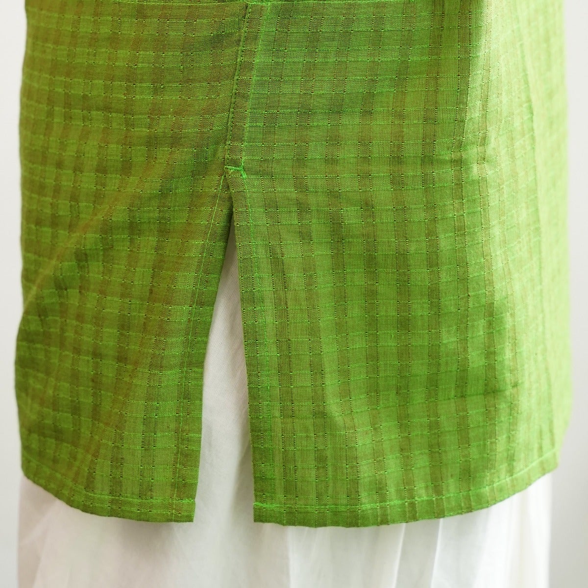 Yarn Dyed Half Sleeve Checked Dobby Kurta - Green