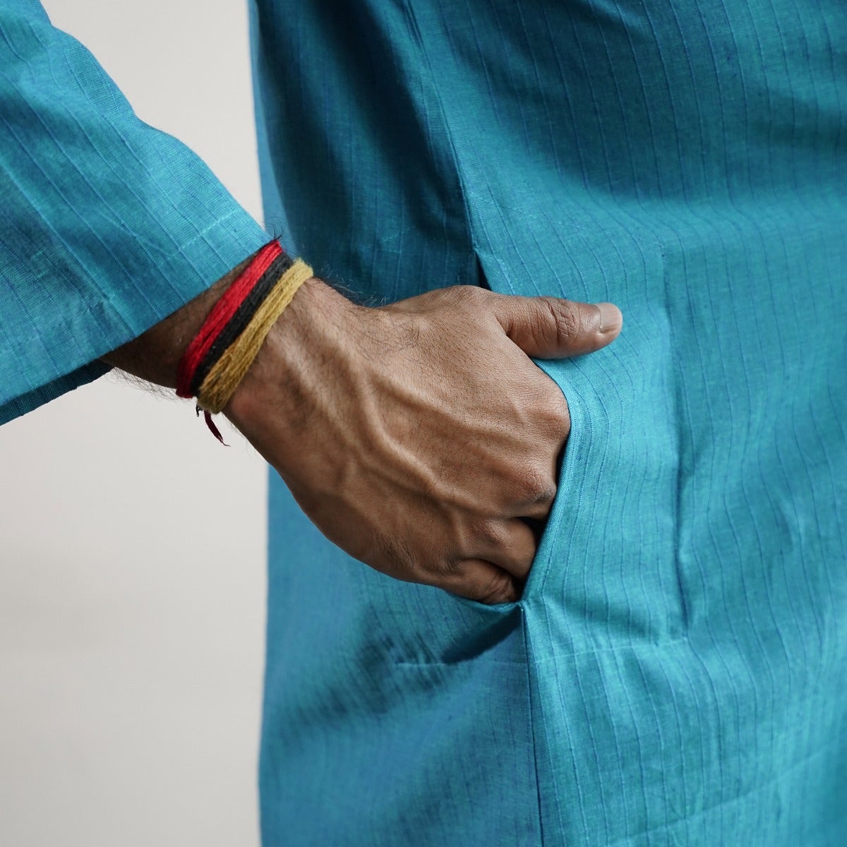 Full Sleeve Cotton Dobby Long Kurta - Blue