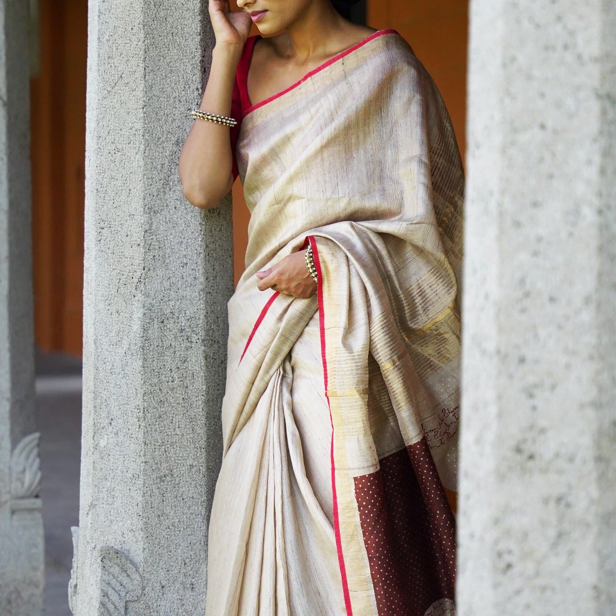 Energized Beige Pure Tussar Silk Saree with Brown and Yellow Pallu embellished with Devi's sacred "Trishul"