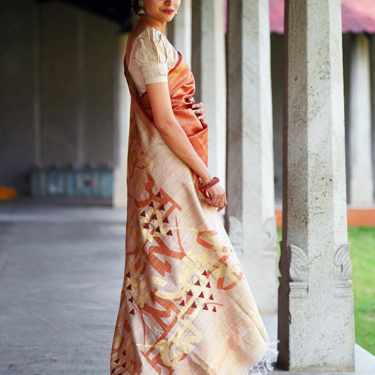 Energized Pure Tussar Silk Copper Saree with Beige and Golden Pallu invoking "Jai Bhairavi Devi"