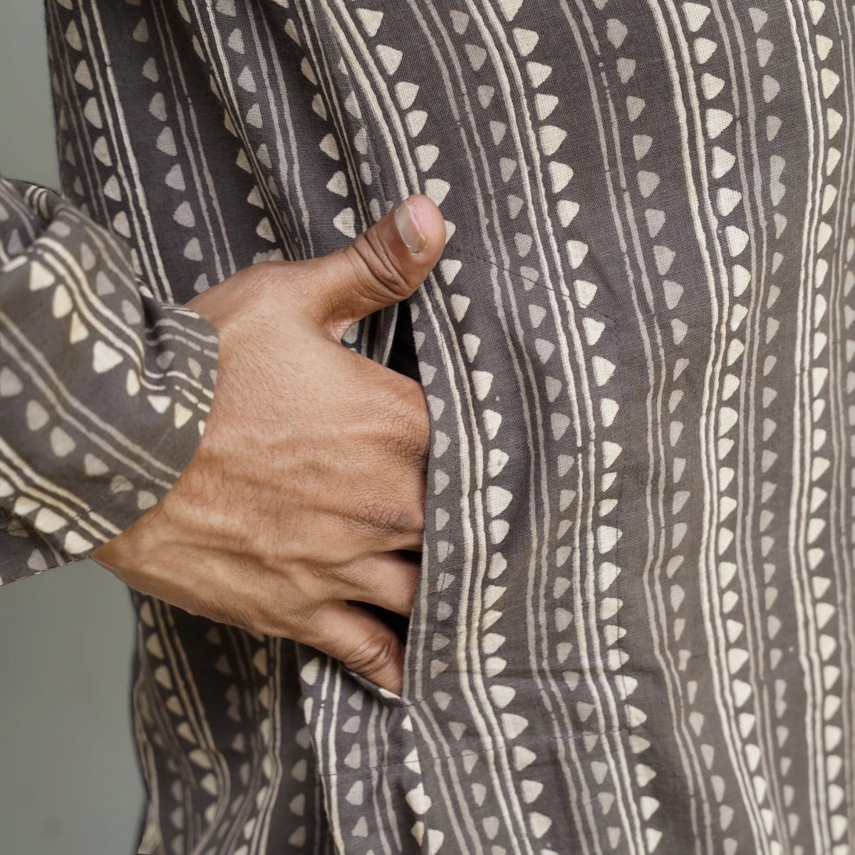 Handblock Printed Long Kurta - Grey & Ecru