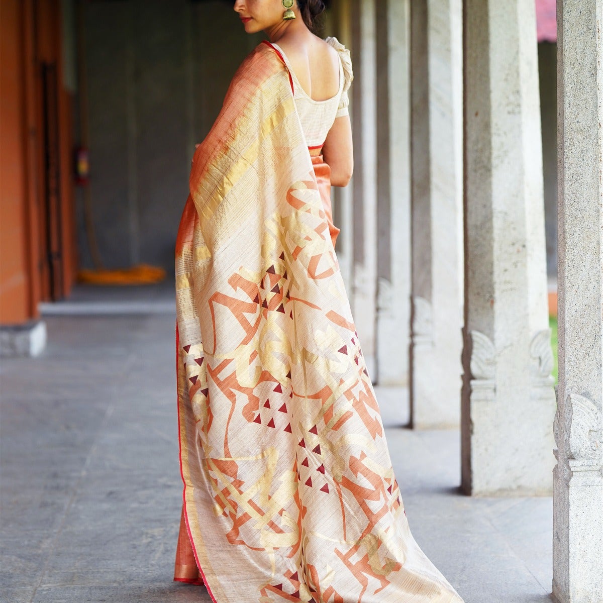 Energized Pure Tussar Silk Copper Saree with Beige and Golden Pallu invoking "Jai Bhairavi Devi"