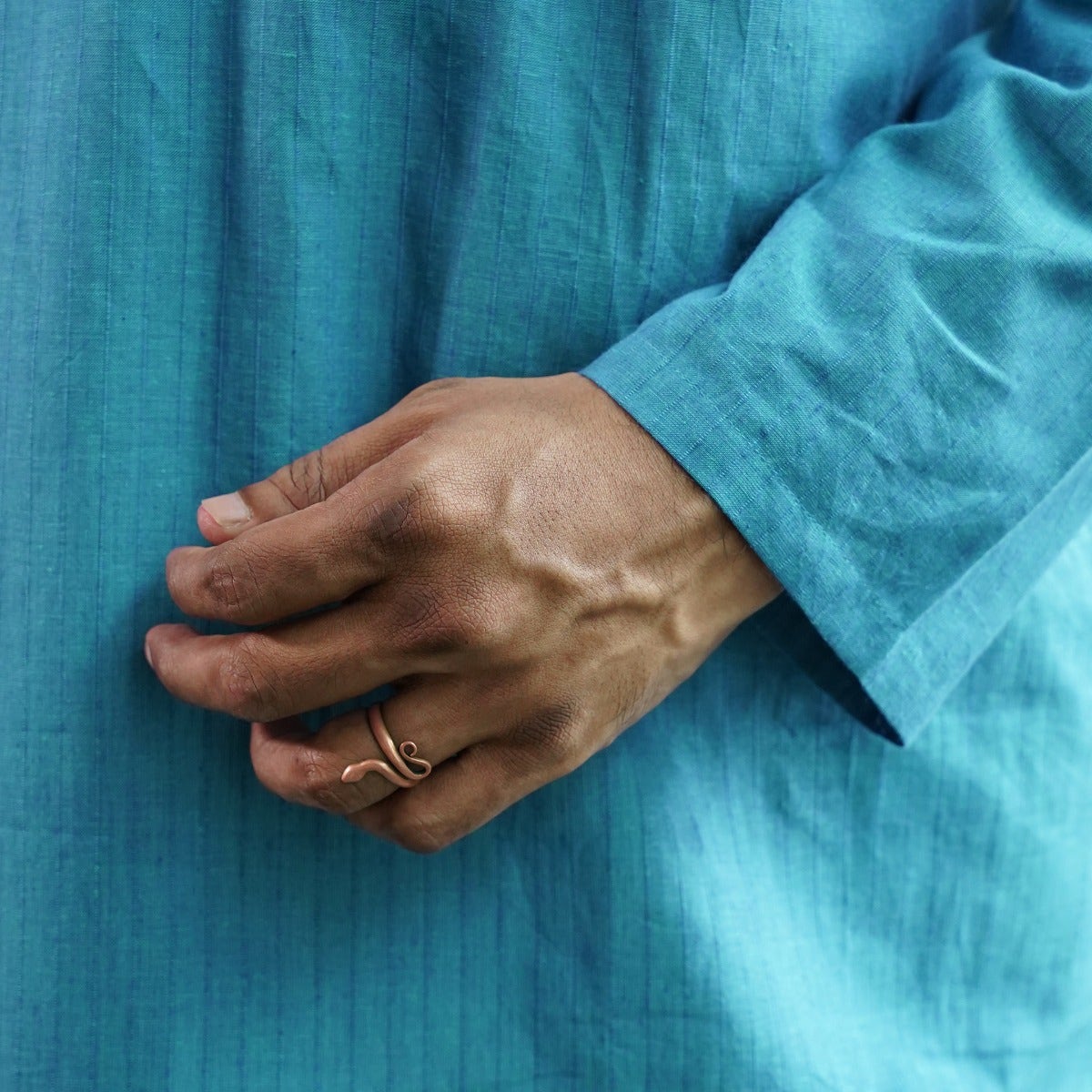 Full Sleeve Cotton Dobby Long Kurta - Blue