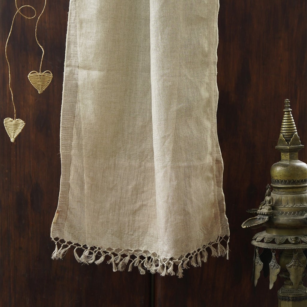 White Hand woven linen stole with zari border- SILVER