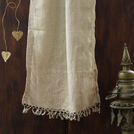 White Hand woven linen stole with zari border- SILVER