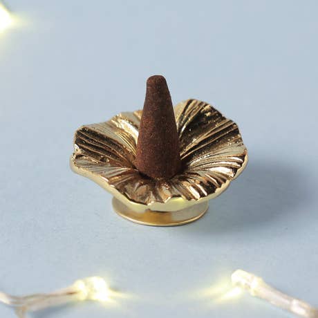 Droozy Flower Incense Holder Small. Brass with polish highlights. Festive gift.