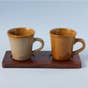 Ribbed Ceramic Mugs with Wooden Coaster