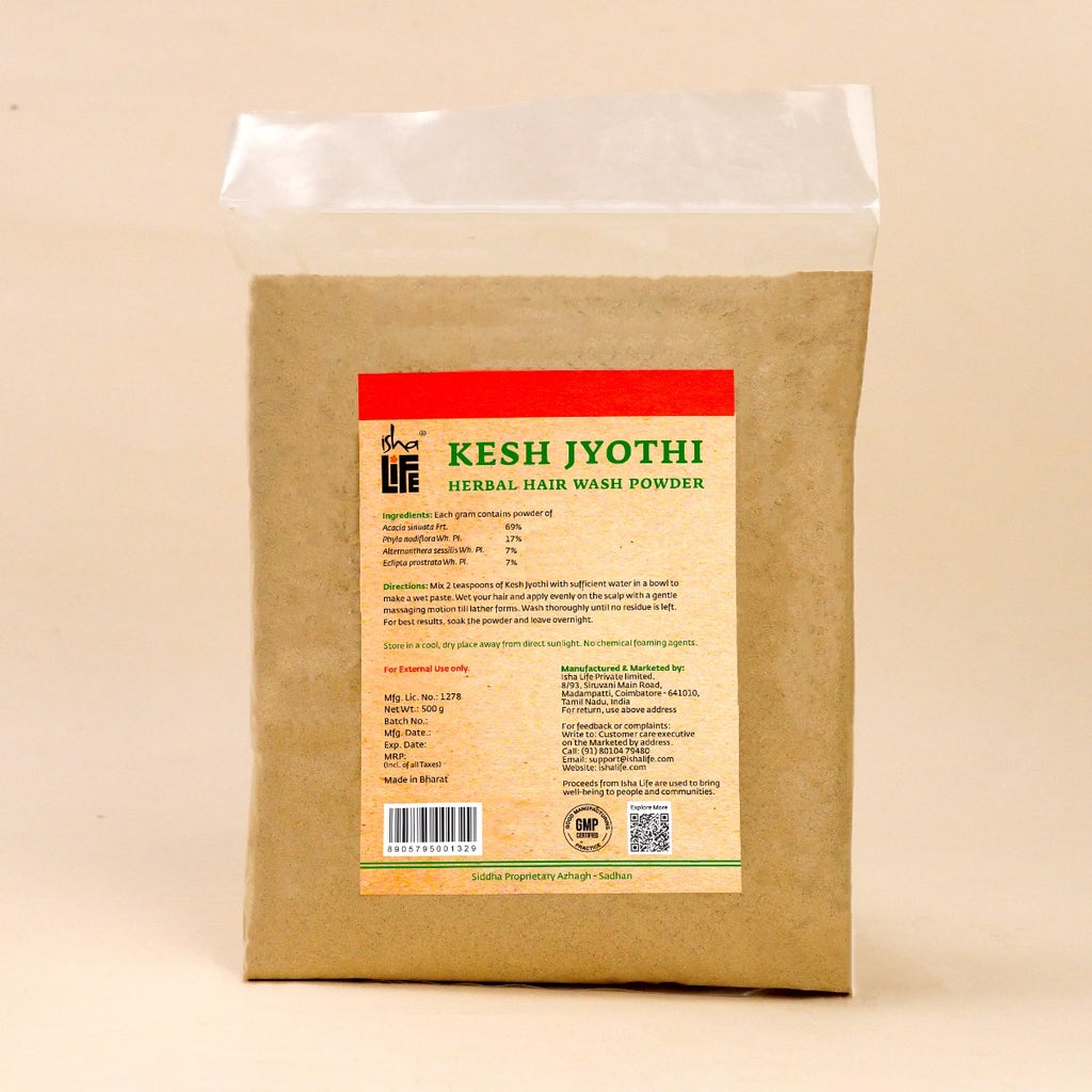 Kesh jyothi herbal hair wash powder (500 gm). Isha’s unique Siddha formulation. A herbal powder with Shikakai and 3 other natural and traditional herbs. For healthy scalp and hair. 