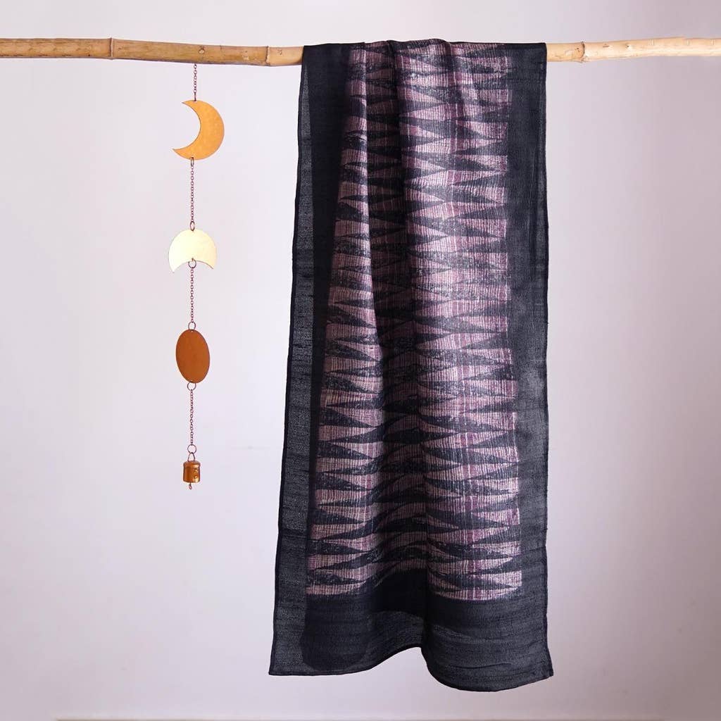 HandBlock Printed Mauve and Dark Blue Pure Tussar Silk Stole with Contemporary Abstract Design