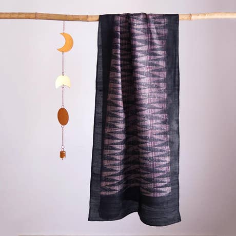 HandBlock Printed Mauve and Dark Blue Pure Tussar Silk Stole with Contemporary Abstract Design
