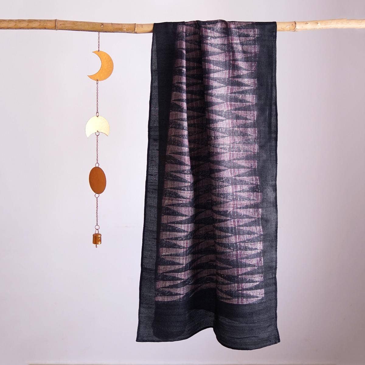 HandBlock Printed Mauve and Dark Blue Pure Tussar Silk Stole with Contemporary Abstract Design