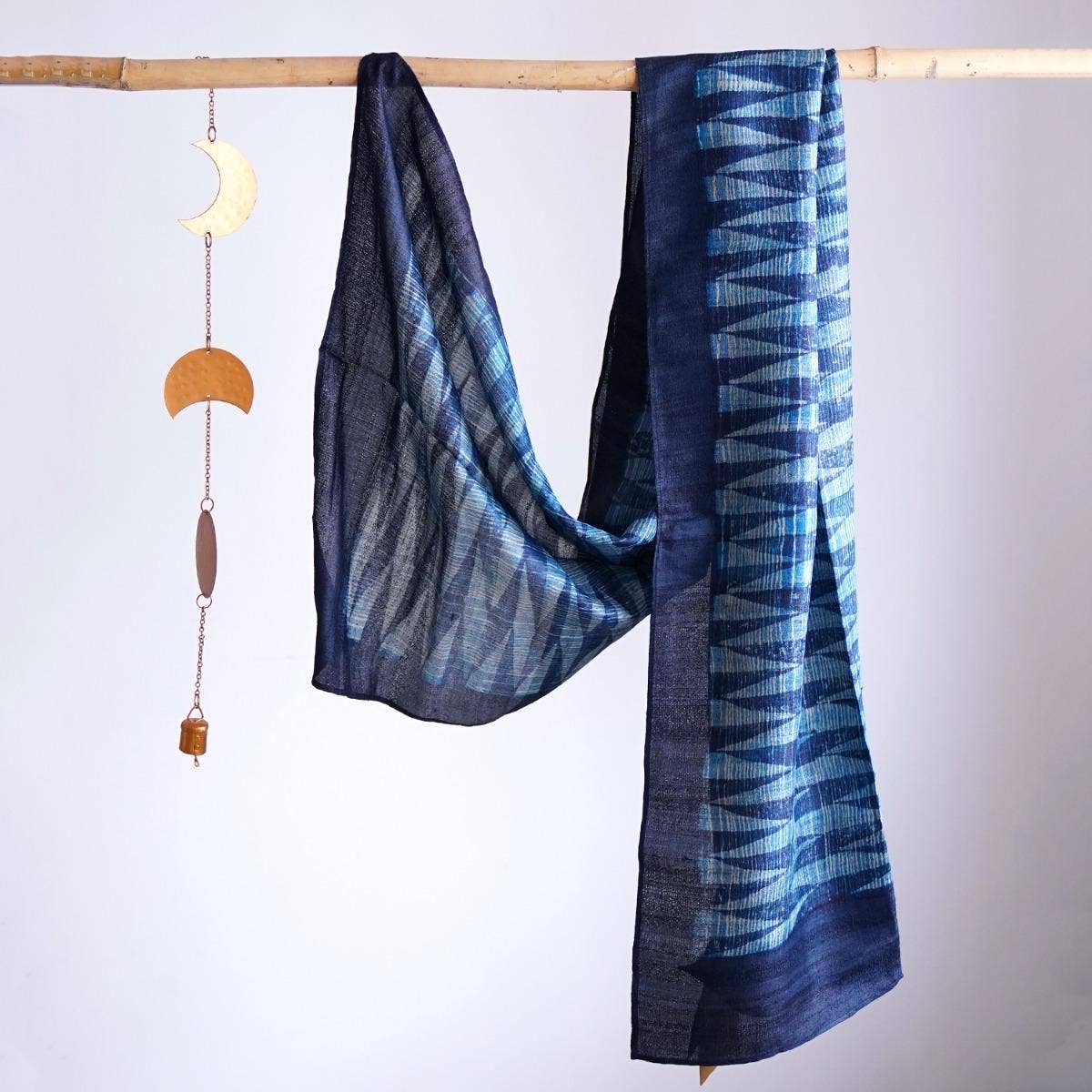 HandBlock Printed Light and Dark Blue Pure Tussar Silk Stole with Contemporary Abstract Design