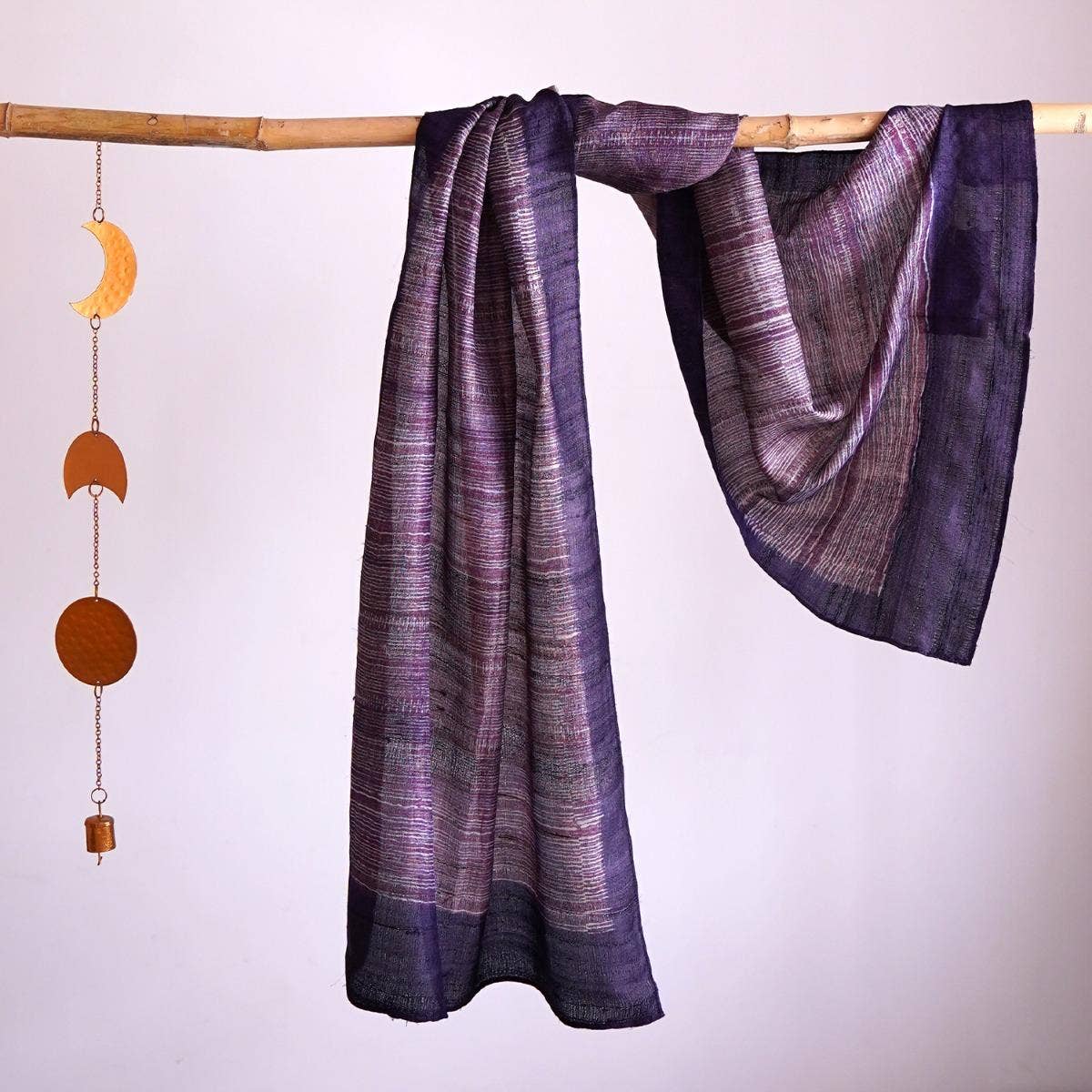 HandBlock Printed Aubergine Pure Tussar Silk Stole with Edgy Finish