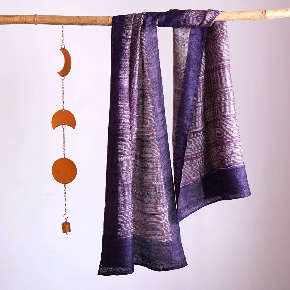 HandBlock Printed Aubergine Pure Tussar Silk Stole with Edgy Finish