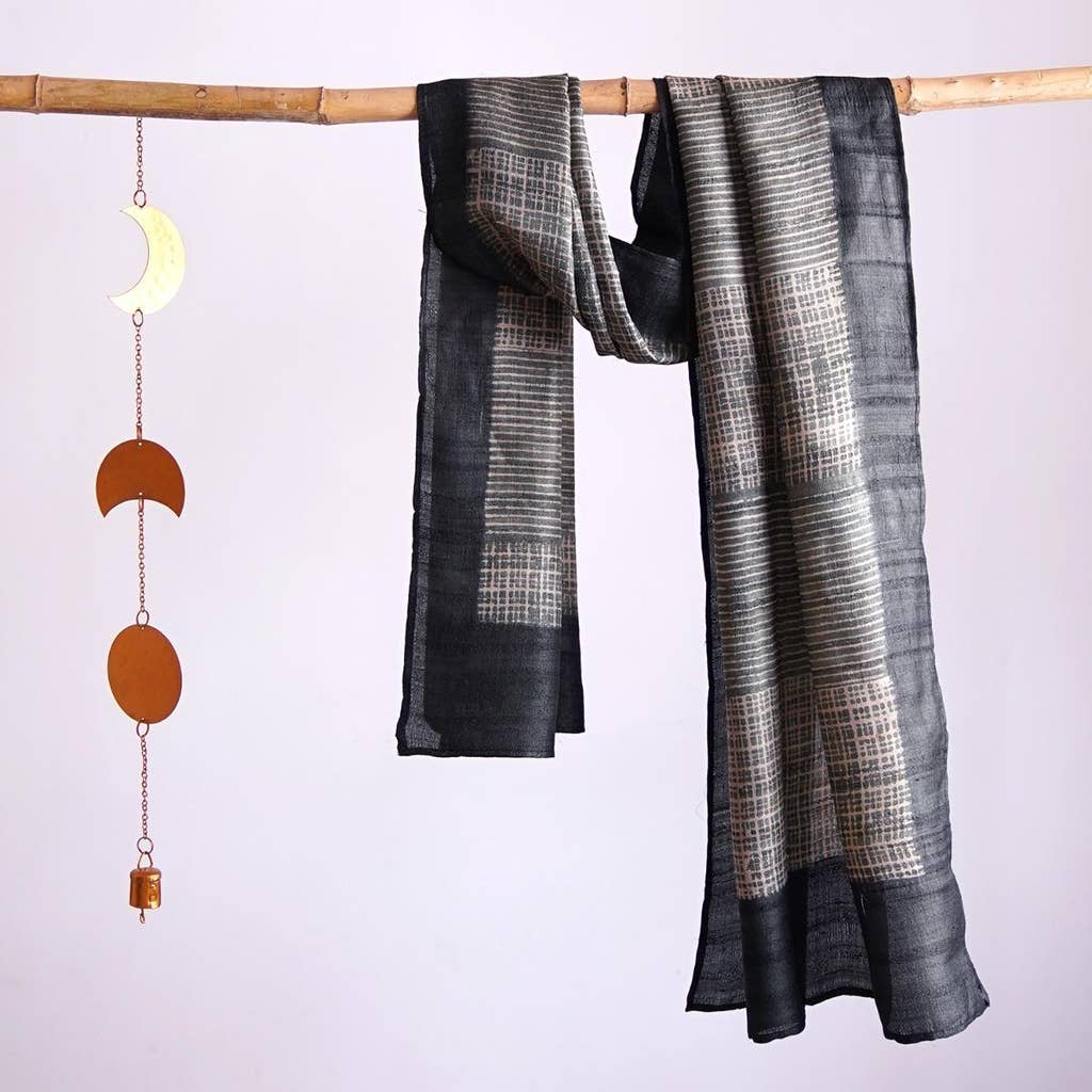 HandBlock Printed Black and White Pure Tussar Silk Stole Showcasing Stripes and Checks