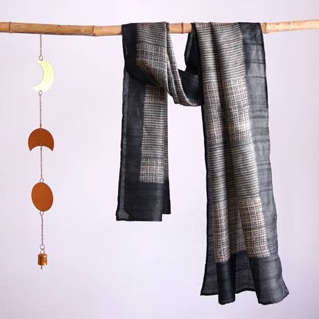 HandBlock Printed Black and White Pure Tussar Silk Stole Showcasing Stripes and Checks