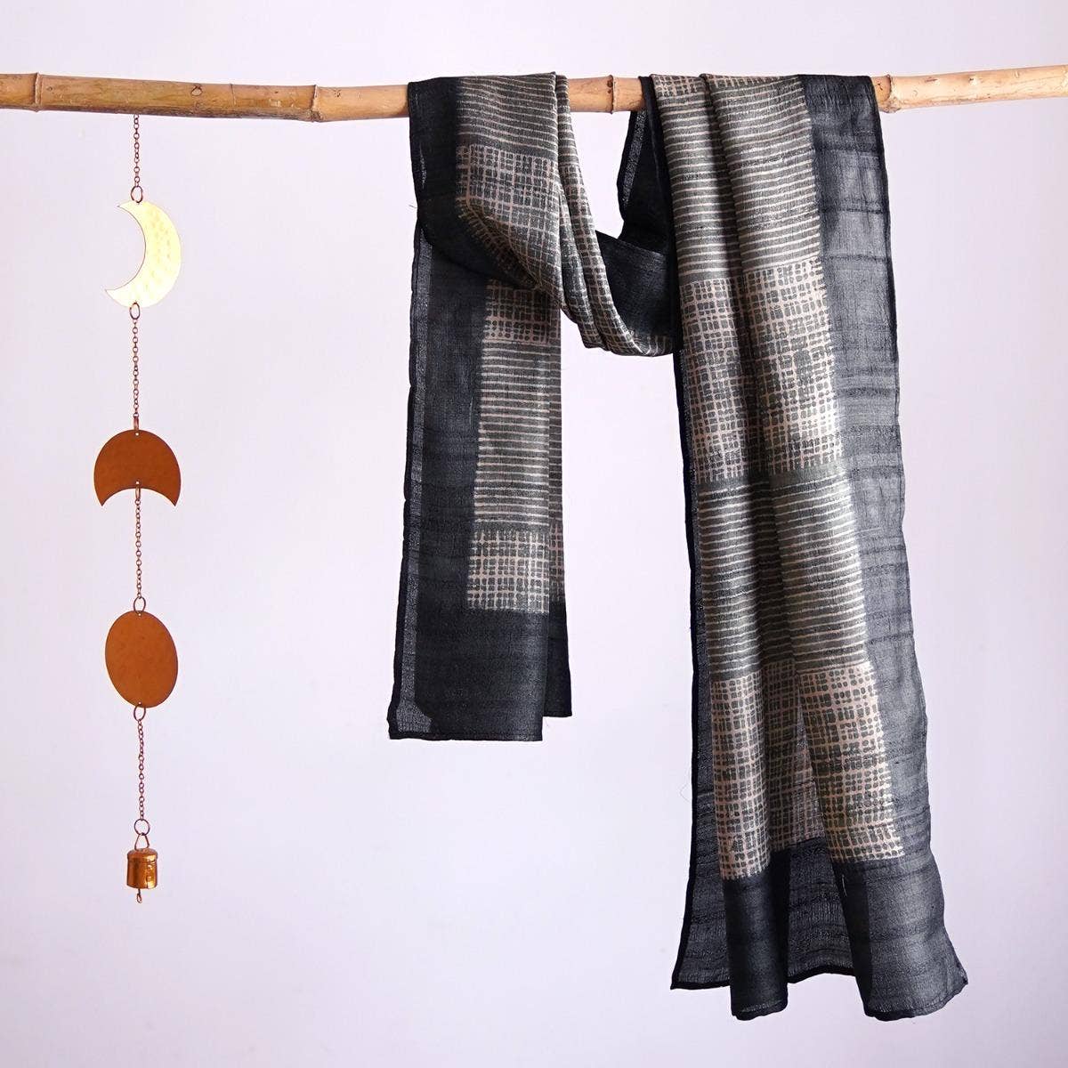 HandBlock Printed Black and White Pure Tussar Silk Stole Showcasing Stripes and Checks