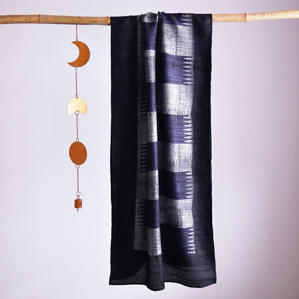 HandBlock Printed Deep Blue Pure Tussar Silk Stole with Building Block Design