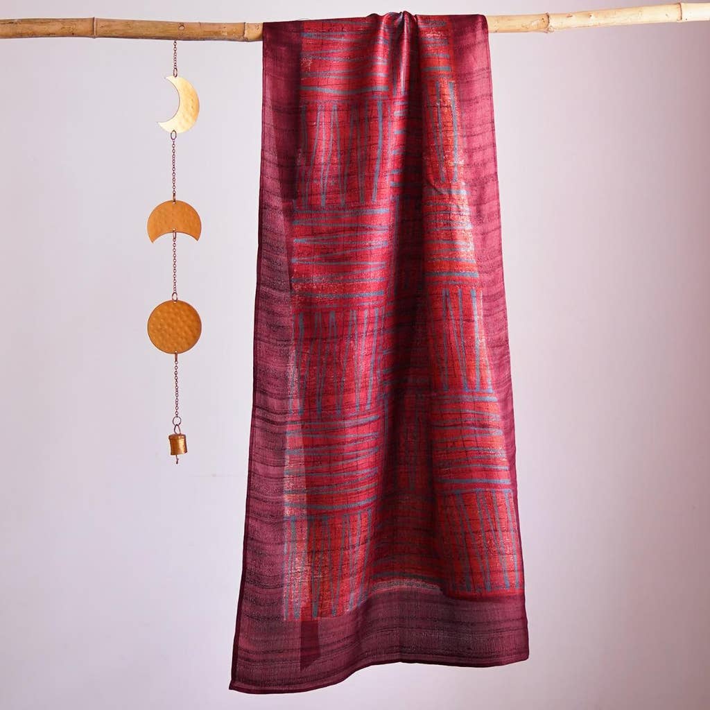 HandBlock Printed Vermillion Red and Grape Purple Pure Tussar Silk Stole Laced with Abstract Pattern