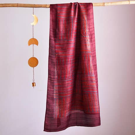 HandBlock Printed Vermillion Red and Grape Purple Pure Tussar Silk Stole Laced with Abstract Pattern