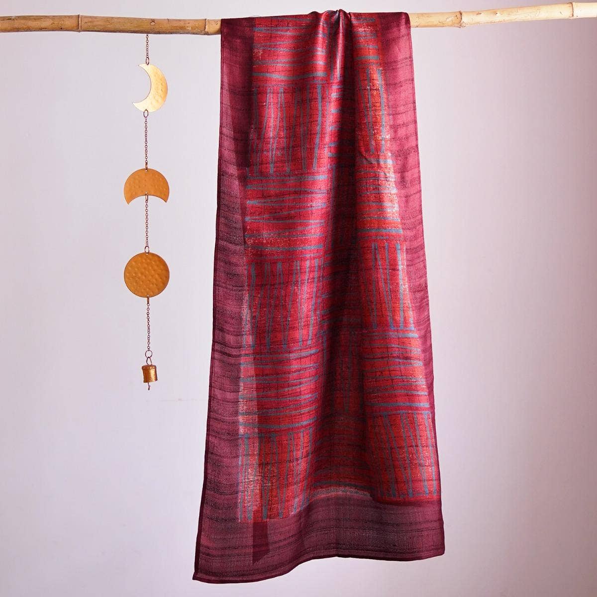 HandBlock Printed Vermillion Red and Grape Purple Pure Tussar Silk Stole Laced with Abstract Pattern