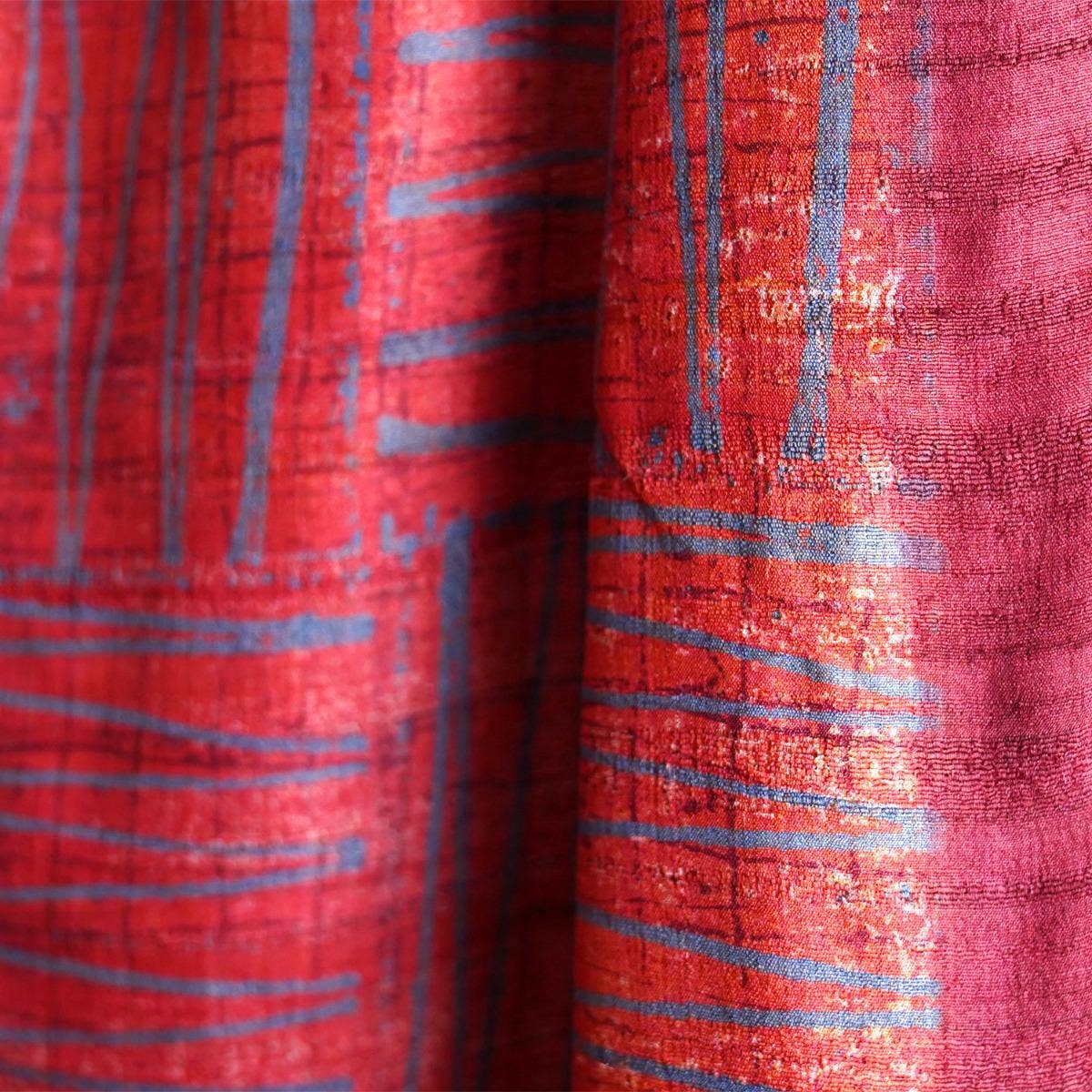 HandBlock Printed Vermillion Red and Grape Purple Pure Tussar Silk Stole Laced with Abstract Pattern