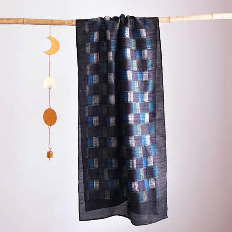 HandBlock Printed Dark Blue Pure Tussar Silk Stole Laced with Edgy Checks