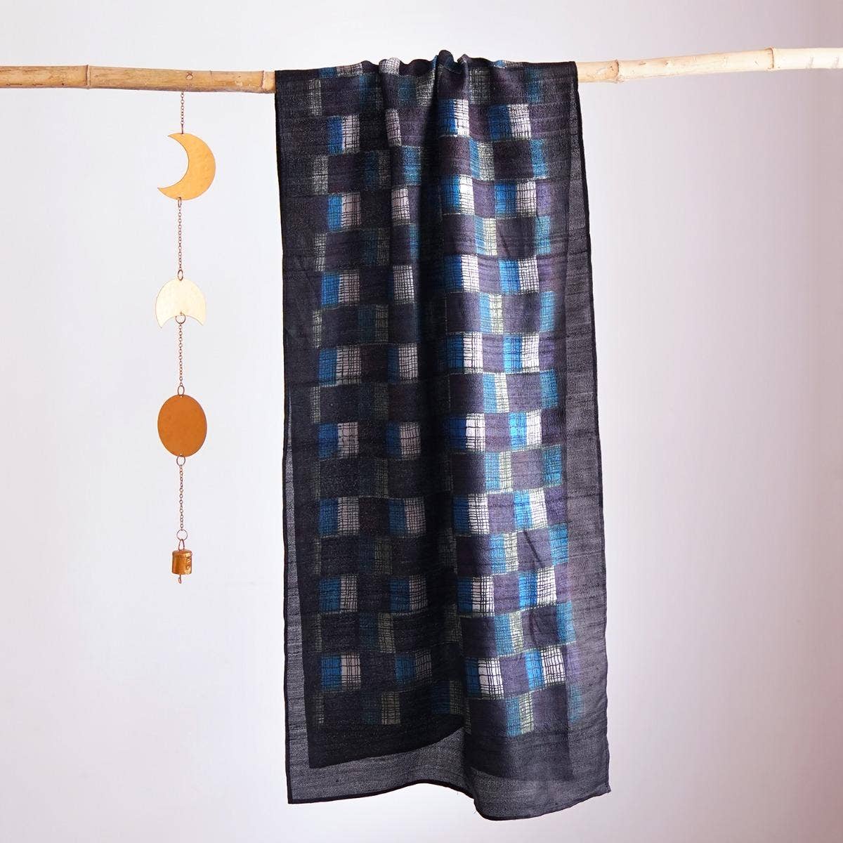 HandBlock Printed Dark Blue Pure Tussar Silk Stole Laced with Edgy Checks