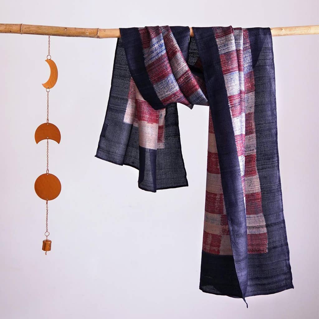 HandBlock Printed Dark Purple Pure Tussar Silk Stole Enhanced with Contemporary Plum and Grey Coloured Checks