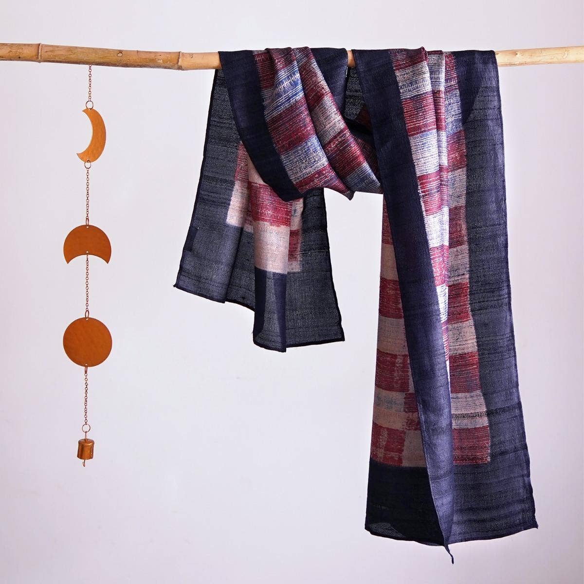 HandBlock Printed Dark Purple Pure Tussar Silk Stole Enhanced with Contemporary Plum and Grey Coloured Checks