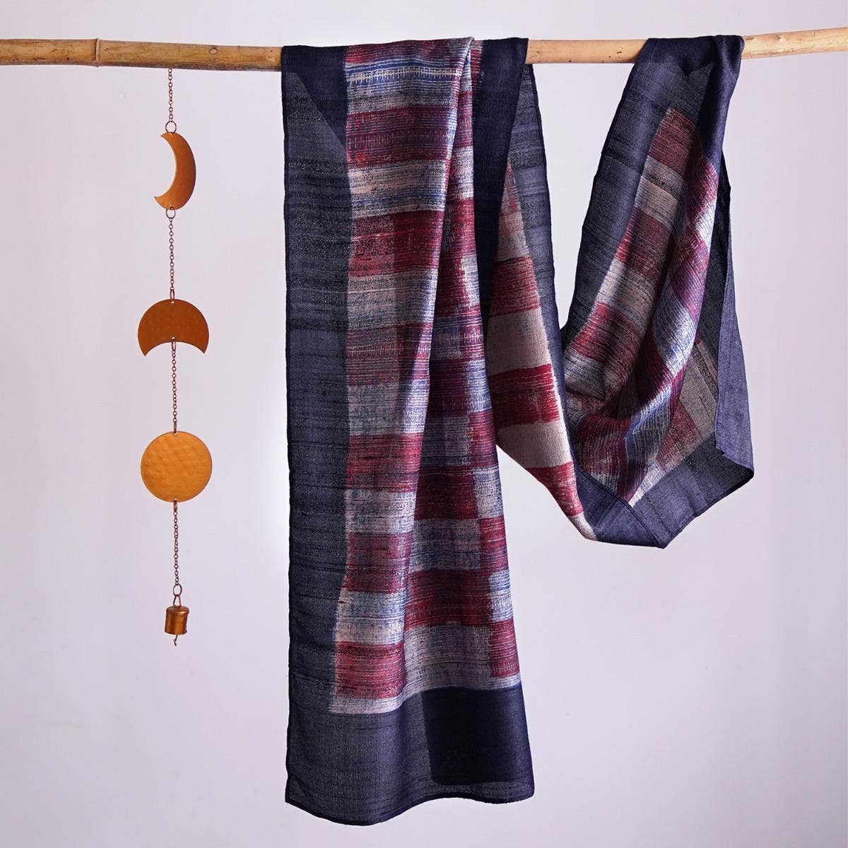 HandBlock Printed Dark Purple Pure Tussar Silk Stole Enhanced with Contemporary Plum and Grey Coloured Checks
