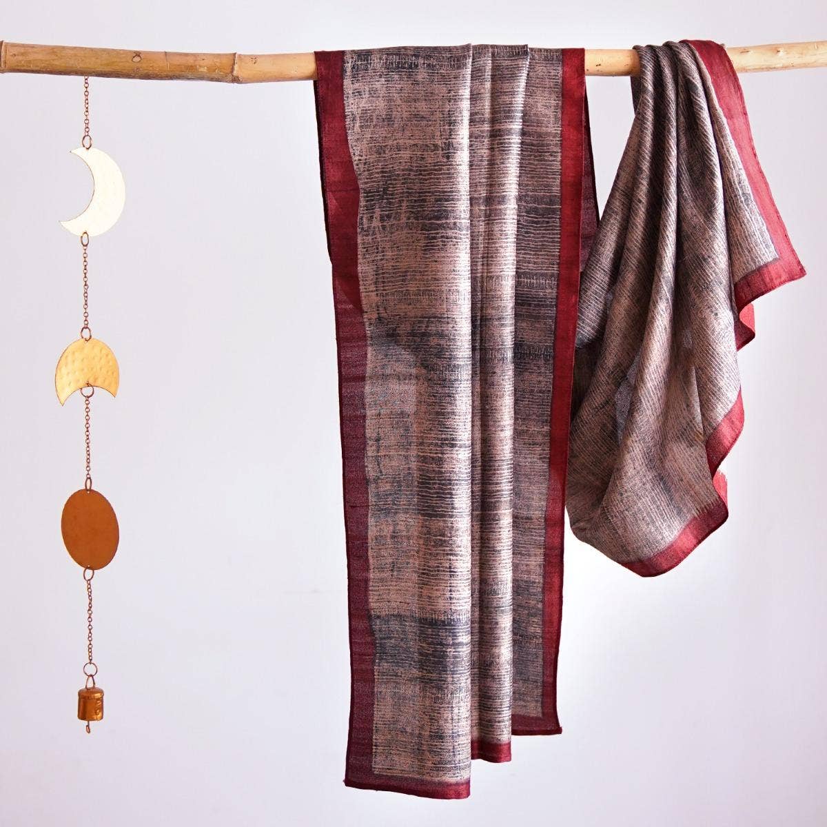 HandBlock Printed Grey Pure Tussar Silk Stole Enhanced with Innovative Finish and Red Border