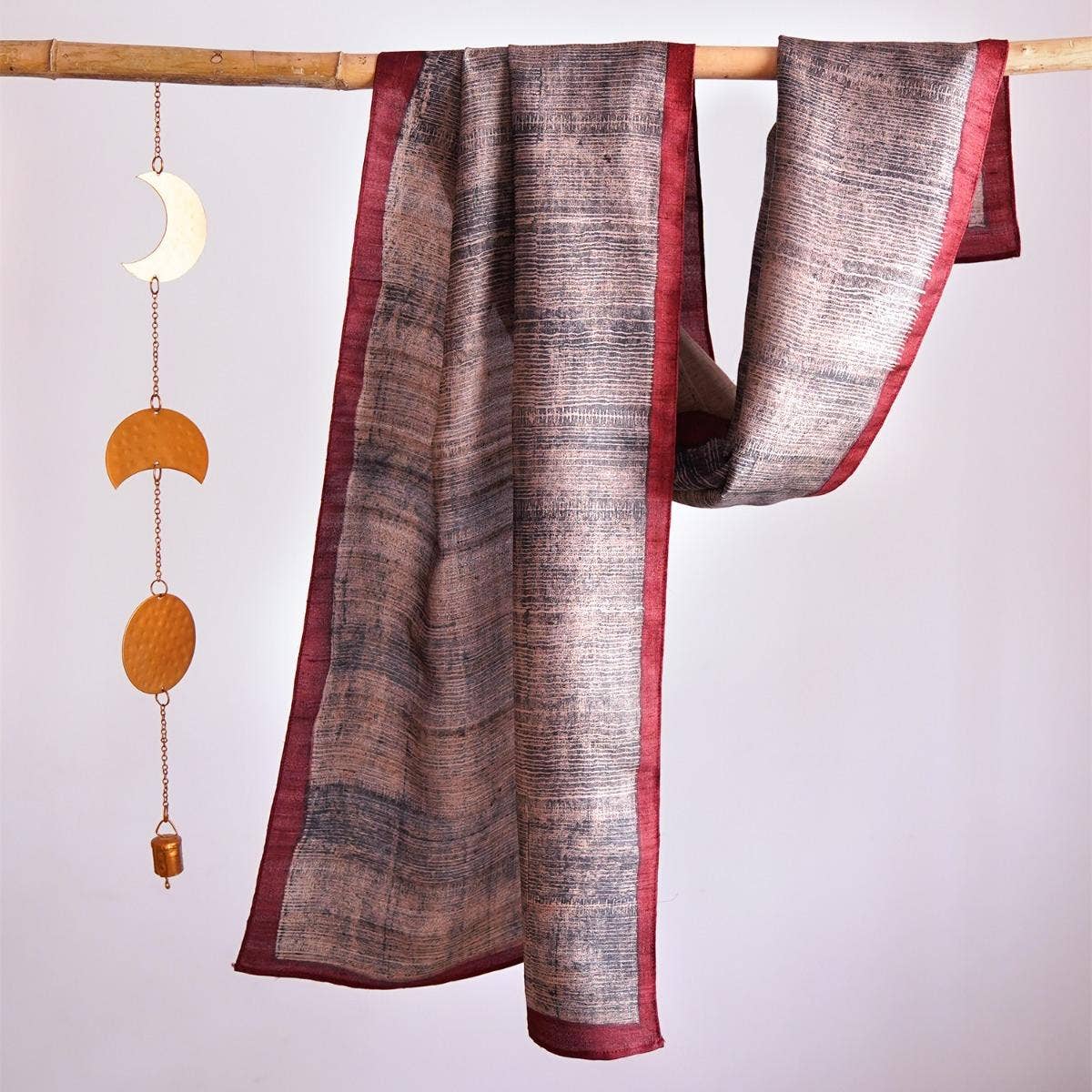 HandBlock Printed Grey Pure Tussar Silk Stole Enhanced with Innovative Finish and Red Border