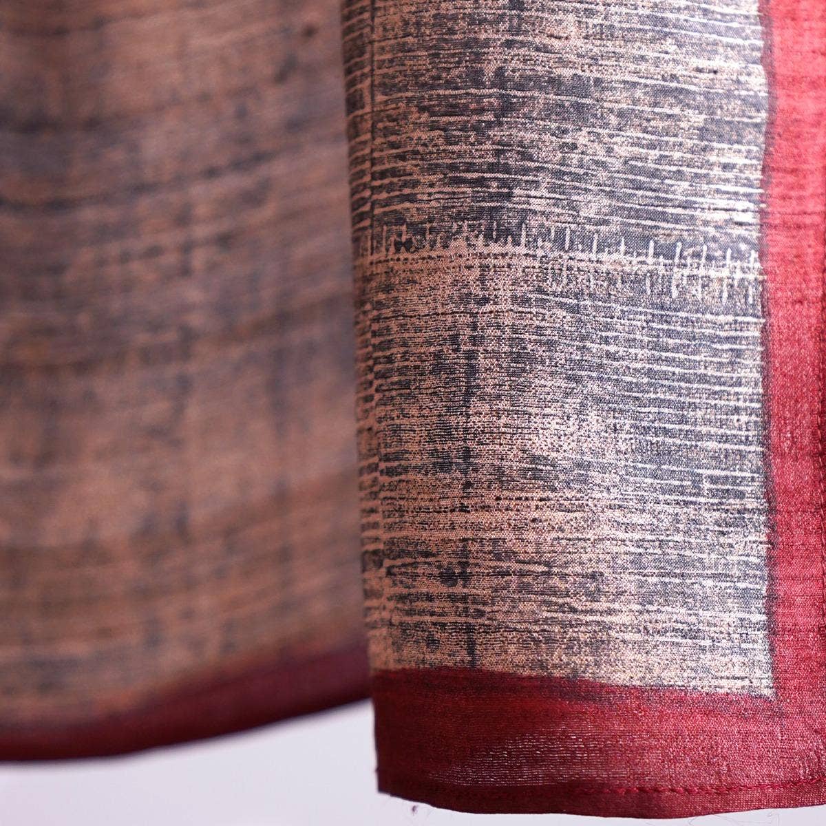 HandBlock Printed Grey Pure Tussar Silk Stole Enhanced with Innovative Finish and Red Border