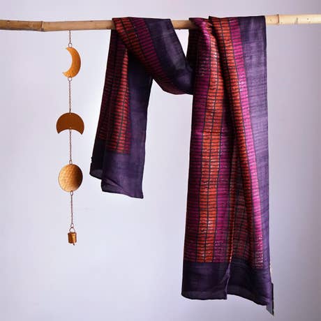 HandBlock Printed Pink and Orange Pure Tussar Silk Stole Enhanced with Broad Dark Purple Border