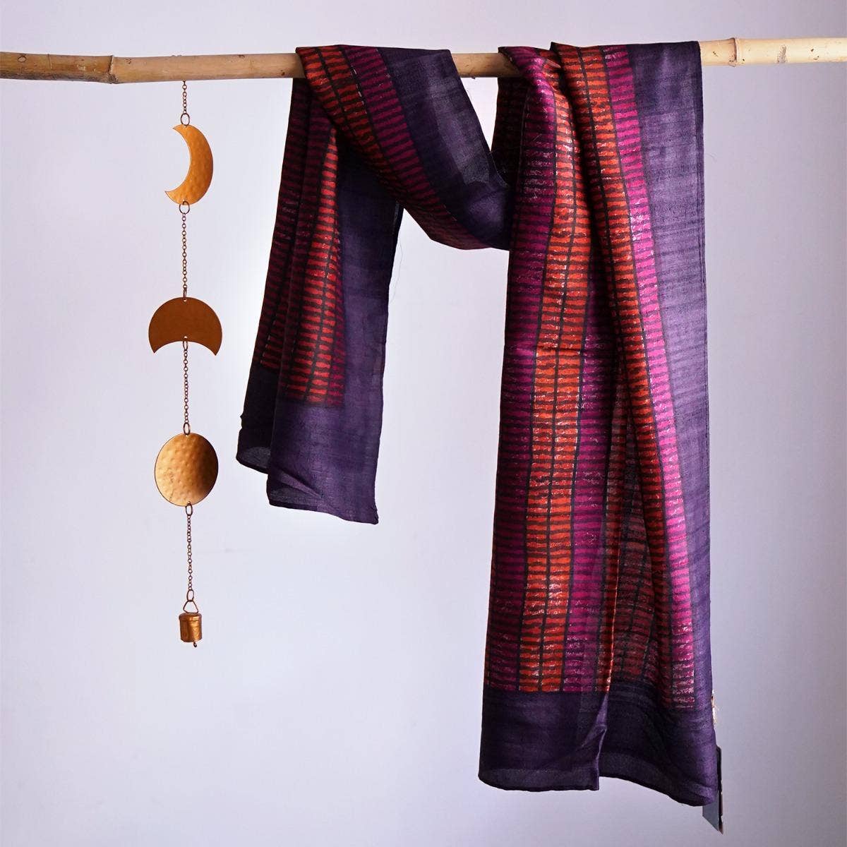 HandBlock Printed Pink and Orange Pure Tussar Silk Stole Enhanced with Broad Dark Purple Border