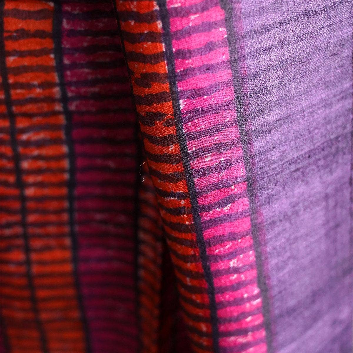 HandBlock Printed Pink and Orange Pure Tussar Silk Stole Enhanced with Broad Dark Purple Border