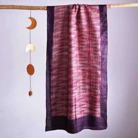 HandBlock Printed Deep Pink Pure Tussar Silk Stole with Contemporary Abstract Design and Dark Purple Border