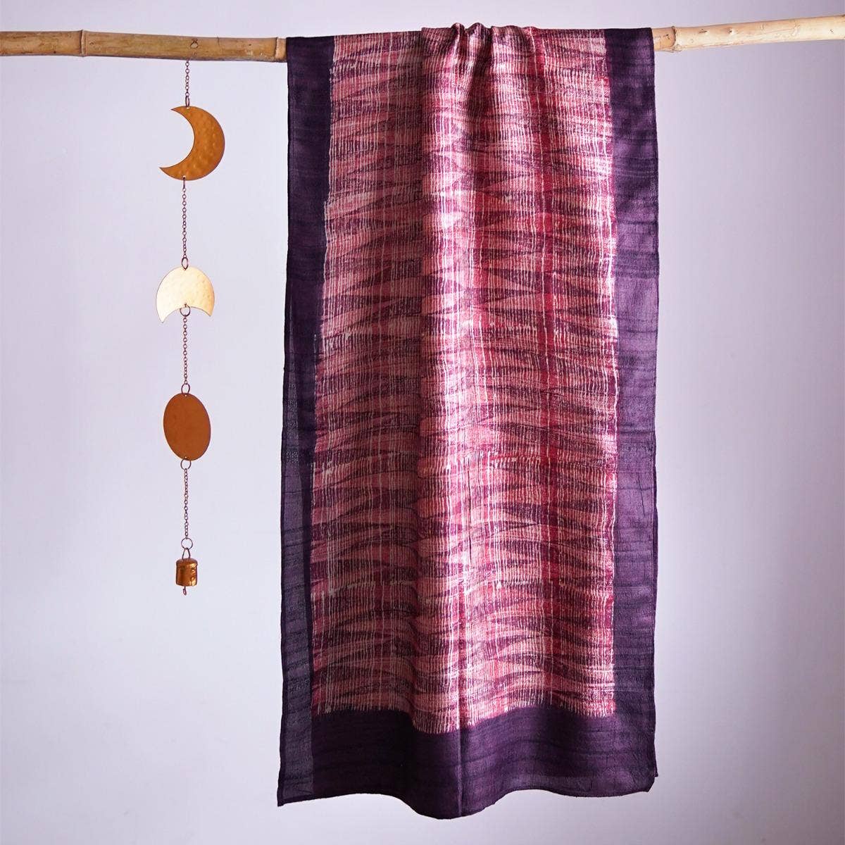 HandBlock Printed Deep Pink Pure Tussar Silk Stole with Contemporary Abstract Design and Dark Purple Border
