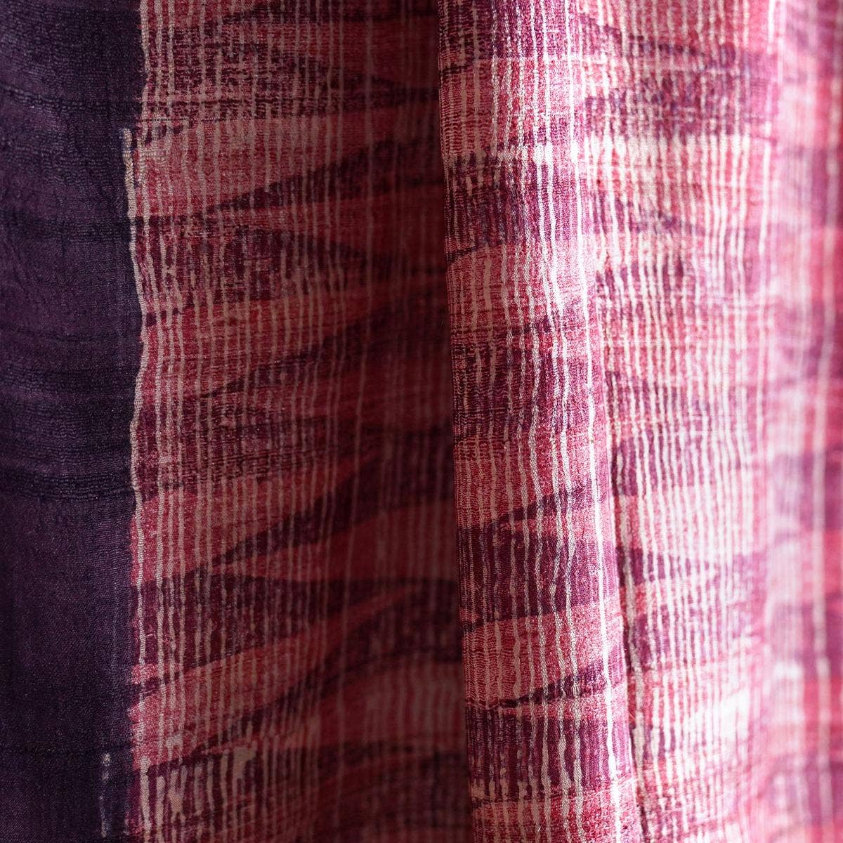 HandBlock Printed Deep Pink Pure Tussar Silk Stole with Contemporary Abstract Design and Dark Purple Border