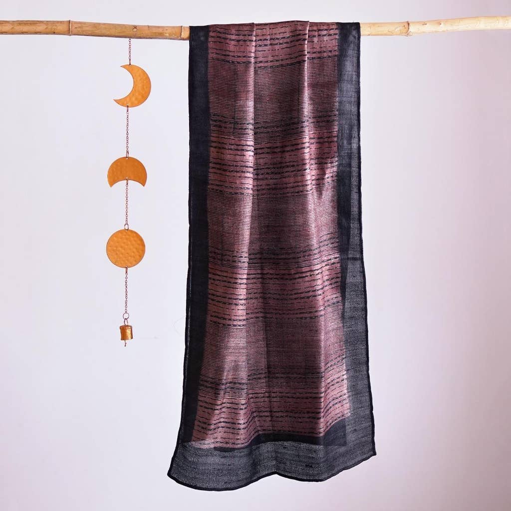 HandBlock Printed Purplish Grey Pure Tussar Silk Stole Accentuated with Dark Purple Border