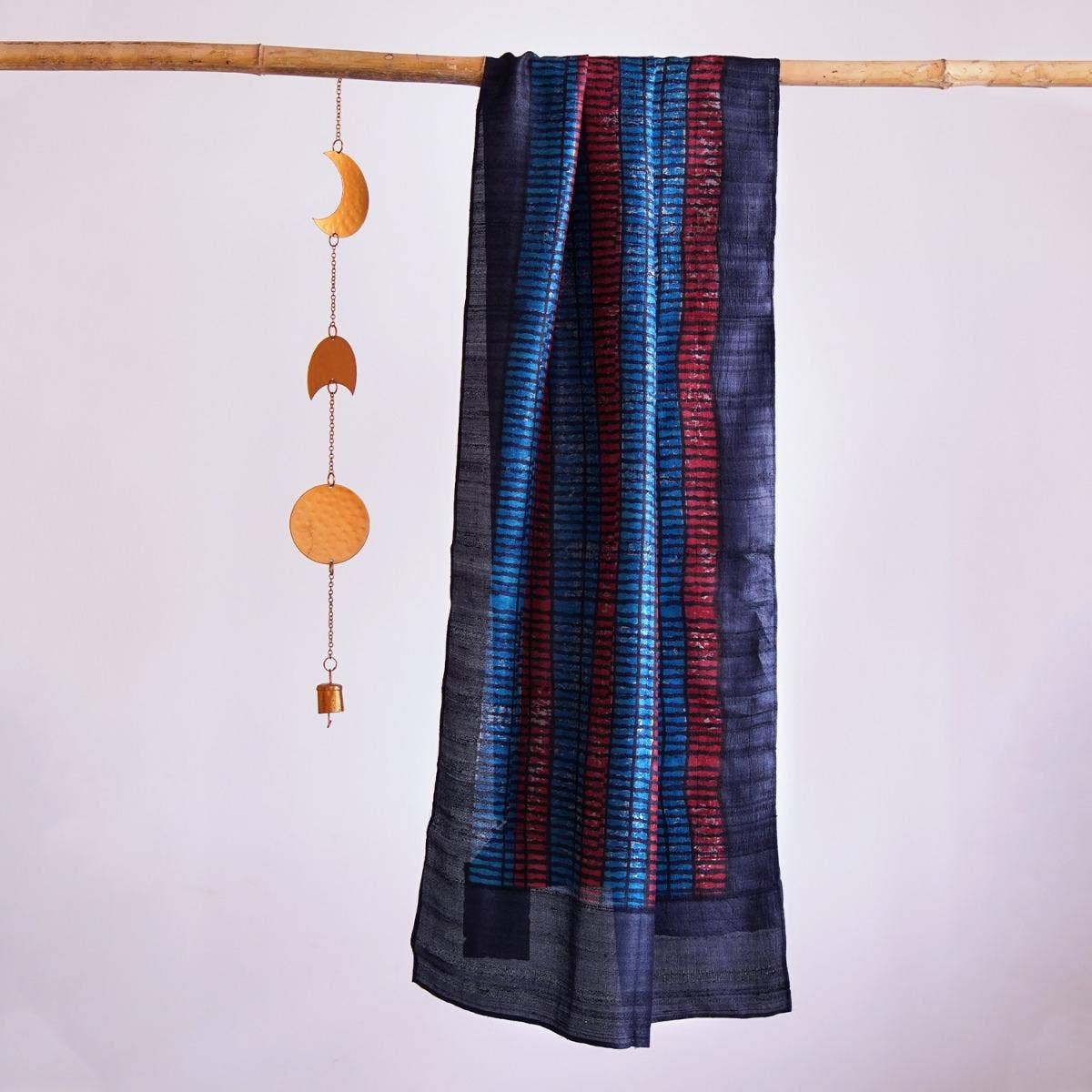 HandBlock Printed Pure Tussar Silk Stole Accentuated with Deep Pink and Royal Blue Contemporary Checks and Dark Purple Border