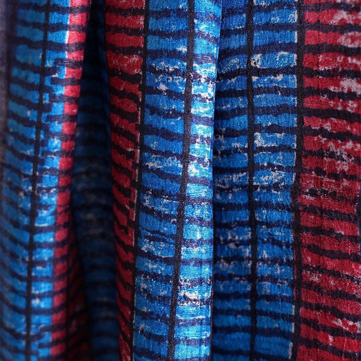 HandBlock Printed Pure Tussar Silk Stole Accentuated with Deep Pink and Royal Blue Contemporary Checks and Dark Purple Border