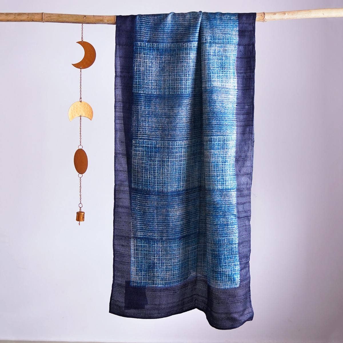 HandBlock Printed Pure Tussar Silk Stole Accentuated with Indigo Blue Edgy Checks and Dark Purple Border