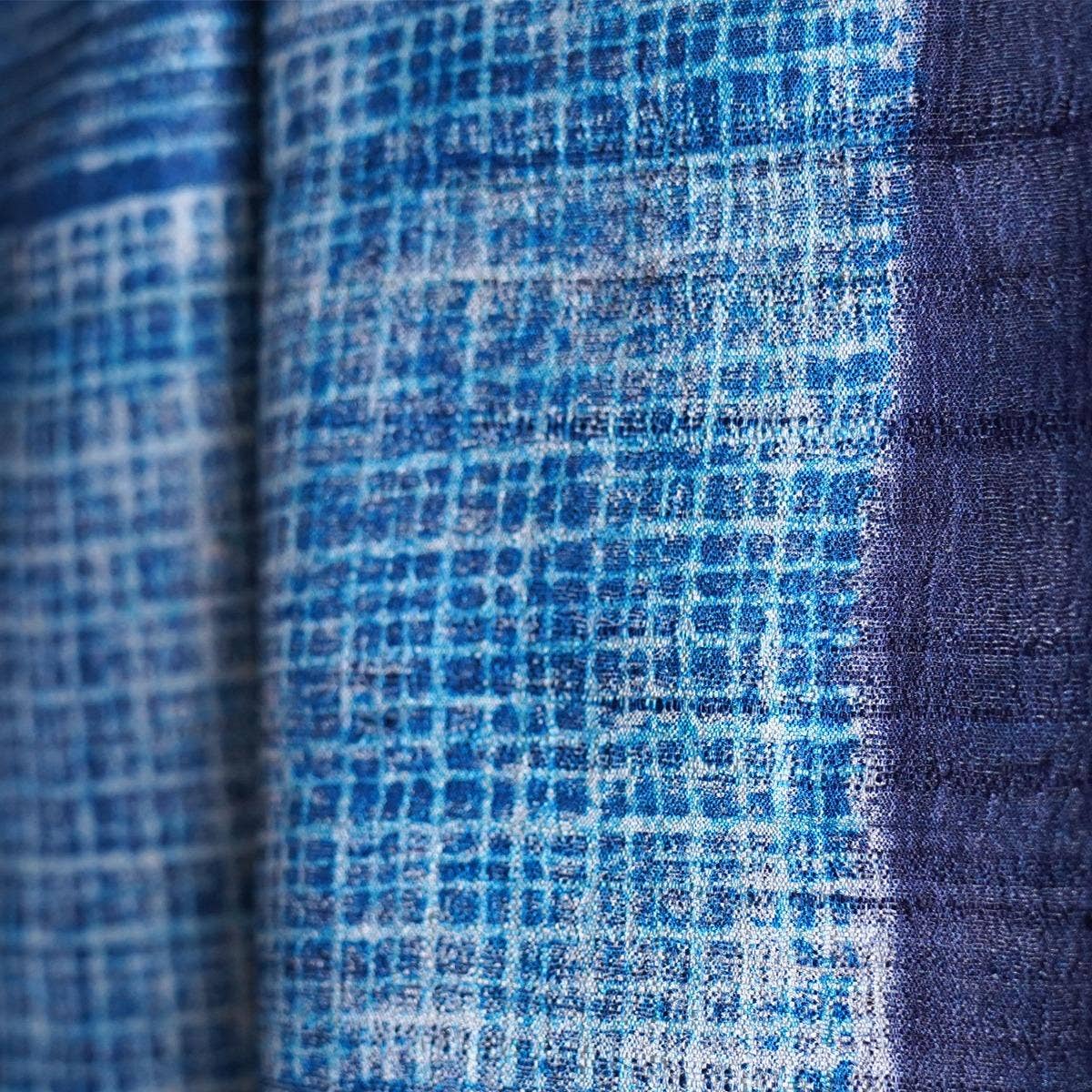 HandBlock Printed Pure Tussar Silk Stole Accentuated with Indigo Blue Edgy Checks and Dark Purple Border