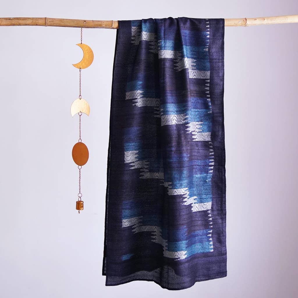 HandBlock Printed Pure Tussar Silk Stole Showcasing Modern Designs in Different Shades of Blue and Grey